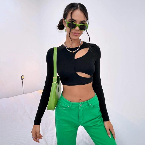 Women's Sexy Cut Out Long Sleeve T-Shirt Slim Fit Hollow Out Cropped Top Y2K Streetwear Fashion Polyester Cotton Spandex Blend Casual Top for Women