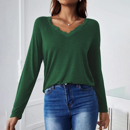Women's Casual Long Sleeve T-Shirt Elegant V-Neck Lace Trim Pullover Top Polyester Rayon Blend Loose Fit Solid Color Fashion Blouse For Women