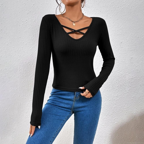 Women's Sexy V-Neck Long Sleeve T-Shirt Slim Fit Polyester Ribbed Criss-Cross Lace-Up Top Solid Color Commuter Elegant Base Layer Shirt For Women