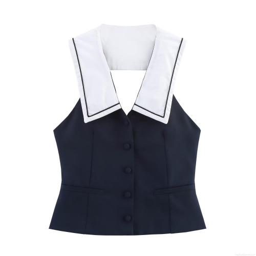 Women's Sexy Halter Top Sailor Collar Backless Colorblock Vest Sleeveless V Neck Streetwear Polyester Top For Summer Daily Ladies