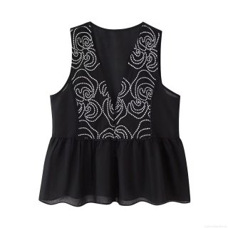 Women's V-Neck Sleeveless Blouse With Embroidery Detail Elegant Peplum Hem Summer Casual Polyester Shirt For Women Streetwear Fashion