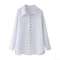 Women's Long Sleeve Blouse White Polyester Shirt With Lace-up Eyelet V Neck Loose Fit European American Streetwear Style Casual Top For Summer Spring