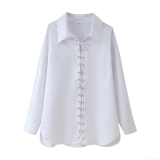 Women's Long Sleeve Blouse White Polyester Shirt With Lace-up Eyelet V Neck Loose Fit European American Streetwear Style Casual Top For Summer Spring