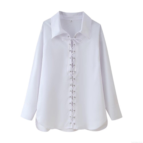 Women's Long Sleeve Blouse White Polyester Shirt With Lace-up Eyelet V Neck Loose Fit European American Streetwear Style Casual Top For Summer Spring