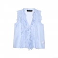 Women's Sleeveless V-Neck Ruffle Trim Blouse Button Down Light Blue Summer Casual Tops Textured Polyester Tencel Cotton Fabric