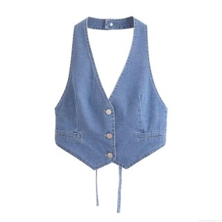 Women's Sexy Halter Denim Tank Top V Neck Button Front Tie Up Hem Short Cami Sleeveless Streetwear Fashion Jean Vest Tops For Summer Casual Party Clubwear