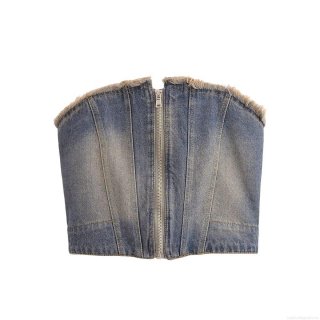 Women's Vintage Distressed Denim Tube Top Fringed Raw Edge Sleeveless Crop Top With Zipper Front Smocked Back For Summer Streetwear