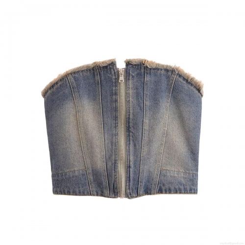Women's Vintage Distressed Denim Tube Top Fringed Raw Edge Sleeveless Crop Top With Zipper Front Smocked Back For Summer Streetwear