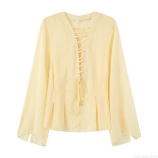 Women's V-Neck Lace Up Chiffon Blouse Loose Flare Sleeve Casual Solid Color Street Style Shirt Top Women Clothing