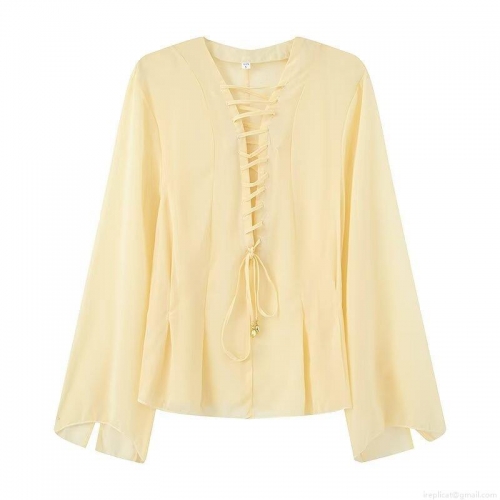 Women's V-Neck Lace Up Chiffon Blouse Loose Flare Sleeve Casual Solid Color Street Style Shirt Top Women Clothing