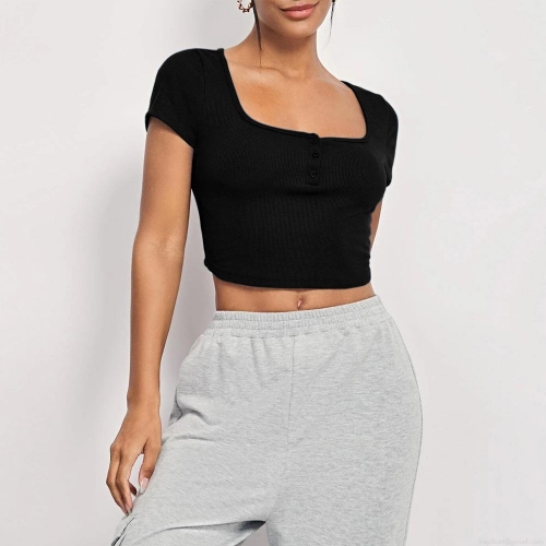 Women's Square Neck Slim Fit Crop Top Sexy Irregular Hem Short Sleeve Ribbed Knit Button T-Shirt Streetwear Casual Summer Top