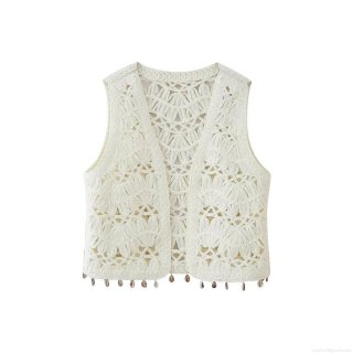 Bohemian Women Crochet Knit Vest Acetate Fiber Hollow Out V Neck Sleeveless Tank Top With Shell Tassels Summer Vacation Beachwear White Cardigan