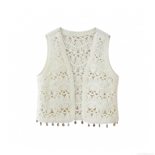 Bohemian Women Crochet Knit Vest Acetate Fiber Hollow Out V Neck Sleeveless Tank Top With Shell Tassels Summer Vacation Beachwear White Cardigan