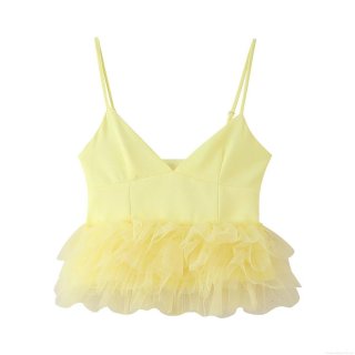 Women's Yellow Mesh Hem Camisole Spaghetti Strap V-Neck Polyester Slim Fit Sleeveless Cropped Top For Summer Party Streetwear