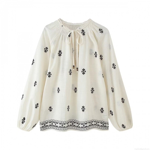 Women Bohemian Embroidered Blouse Round Neck Tassel Tie Long Lantern Sleeve Polyester Cotton-Linen Feel Ethnic Style Loose Top Breathable Summer Shirt