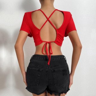 Women Sexy Backless Crop Top Short Sleeve Round Neck Ribbed Knit T-Shirt With Lace Up Criss Cross Detail Summer Streetwear Solid Red Tee