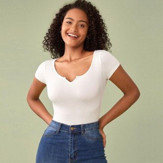 Women's Slim Fit Short Sleeve V-Neck Crop Top T-Shirt Viscose Elastane Basic Solid Color Casual Bodysuit Style Tee For Summer Daily Wear