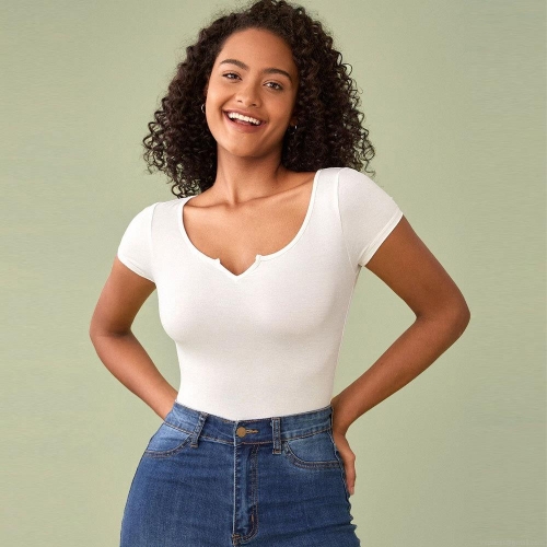 Women's Slim Fit Short Sleeve V-Neck Crop Top T-Shirt Viscose Elastane Basic Solid Color Casual Bodysuit Style Tee For Summer Daily Wear
