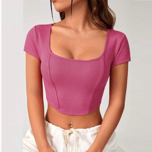 Women Square Neck Rib Knit T-Shirt Slim Fit Short Sleeve Crop Top With Irregular Hem Solid Color Sexy Summer Streetwear Fashion Top