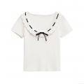 Women's Ribbed Knit T-Shirt Contrast Ruffle Collar With Bow Tie Mercerized Cotton Polyester Short Sleeve Top Slim Fit Street Style Casual Summer Tee