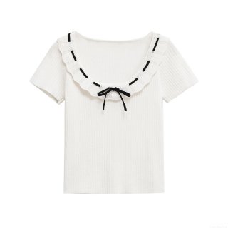 Women's Ribbed Knit T-Shirt Contrast Ruffle Collar With Bow Tie Mercerized Cotton Polyester Short Sleeve Top Slim Fit Street Style Casual Summer Tee