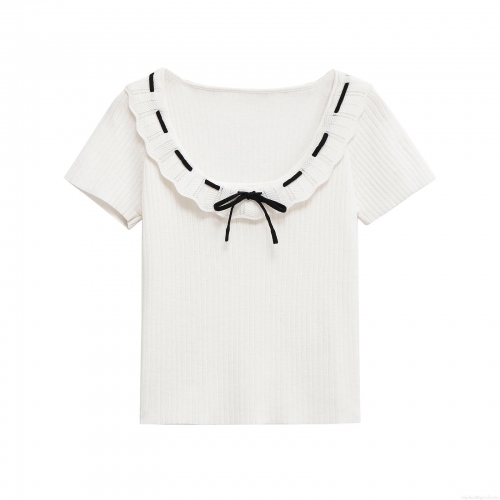 Women's Ribbed Knit T-Shirt Contrast Ruffle Collar With Bow Tie Mercerized Cotton Polyester Short Sleeve Top Slim Fit Street Style Casual Summer Tee