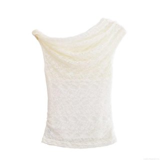 Women's Asymmetrical One Shoulder Lace T-Shirt Sexy Crochet Ruffle Sleeveless Top Casual Summer Party Streetwear Apricot Tee