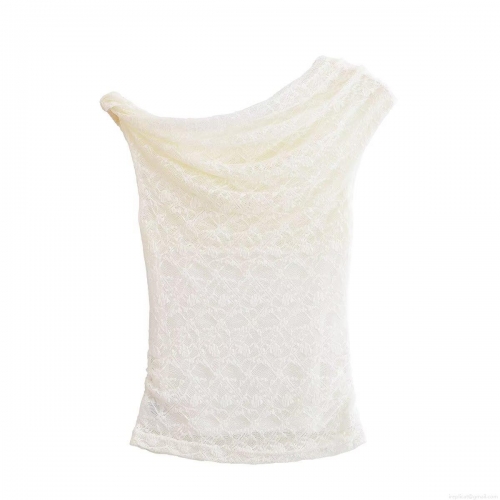 Women's Asymmetrical One Shoulder Lace T-Shirt Sexy Crochet Ruffle Sleeveless Top Casual Summer Party Streetwear Apricot Tee