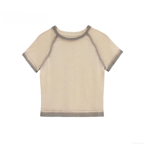 Women's Casual Polyester Knit T-Shirt Short Sleeve Round Neck Contrast Trim Gradient Streetwear Top Summer Fashion Tee for Lady