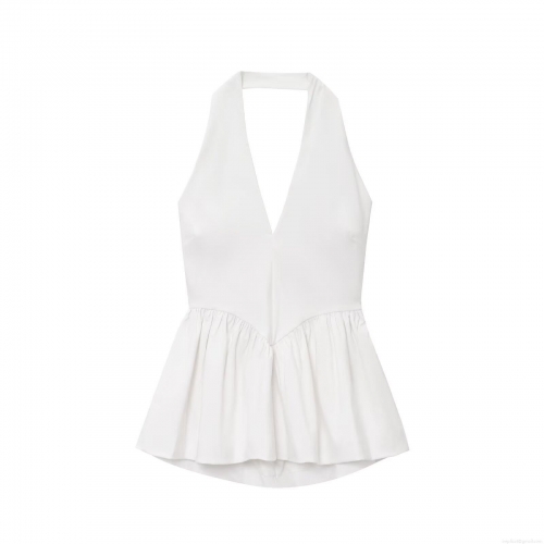 Women's Sexy Halter Peplum Top Deep V Neck Backless Ruffle Hem Sleeveless Solid Color Polyester Tank Top Summer Casual Streetwear Vest For Ladies