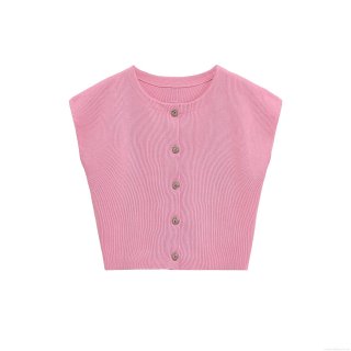 Women's Ribbed Knit Sleeveless Cardigan Tank Top With Heart Shape Metal Buttons Round Neck Solid Peach Pink Slim Fit Summer Streetwear Vest For Women Fashion