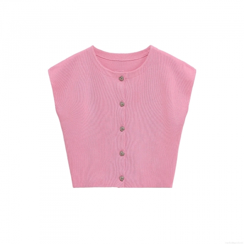 Women's Ribbed Knit Sleeveless Cardigan Tank Top With Heart Shape Metal Buttons Round Neck Solid Peach Pink Slim Fit Summer Streetwear Vest For Women Fashion