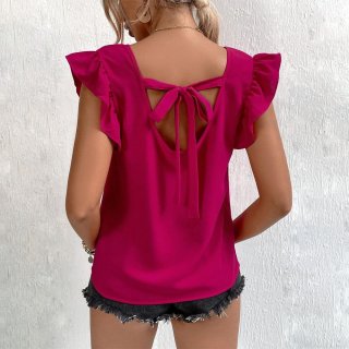 Women's Fuchsia Polyester V Neck Sleeveless Blouse Ruffle Fly Sleeve Backless Tie Back Bow Knot Summer Casual Elegant Tank Top For Women Vacation Daily Wear