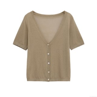 Women Summer Short Sleeve Knitted T-Shirt V-Neck Single-Breasted Cardigan Top Mercerized Cotton Polyester Blend Streetwear Khaki Blouse For Women Casual Daily Wear