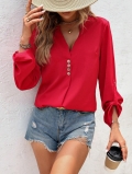 Women's Fashion V-Neck Long Sleeve Blouse Solid Red Polyester Shirt With Decorative Buttons Elegant Commuter Loose Fit Casual Tops For Women