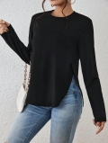 Women's Casual Long Sleeve T-Shirt Cotton Blend Loose Fit Round Neck Side Slit Plain Solid Color Top Autumn Winter Basic Tee