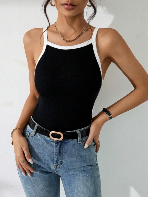 Women's Slim Fit Contrast Trim Ribbed Knit Camisole Top Elegant High Stretch Viscose Sleeveless Tank Top For Summer Daily Wear