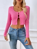 Women's Sexy Hollow Out Knit Crop Top Long Sleeve U-Neck Button Front Ribbed T-Shirt Slim Fit Viscose Blend Solid Color Casual Top