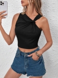 Women Sexy Knot Front Ribbed Knit Crop Tank Top Sleeveless Polyester Spandex Slim Fit Vest For Summer Casual Party Dating Daily Wearing