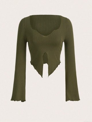 Women's Sexy Rib Knit T-Shirt Slim Fit Long Sleeve Asymmetric Hem Flare Sleeve V-Neck Crop Top Solid Color Polyester Pullover Streetwear Autumn Winter Top