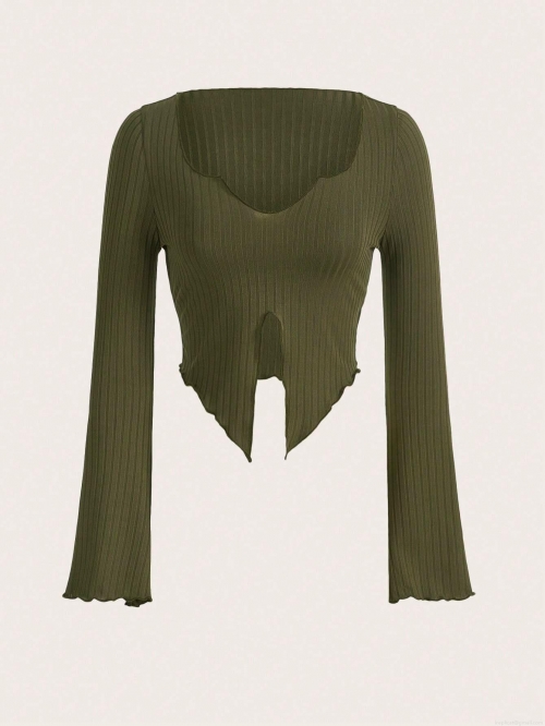 Women's Sexy Rib Knit T-Shirt Slim Fit Long Sleeve Asymmetric Hem Flare Sleeve V-Neck Crop Top Solid Color Polyester Pullover Streetwear Autumn Winter Top