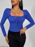 Women's Slim Fit Square Neck Long Sleeve T-Shirt Ruched Drawstring Front Cotton Blend Solid Color Crop Top Casual Fashion Daily Base Layer Blouse