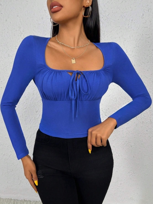 Women's Slim Fit Square Neck Long Sleeve T-Shirt Ruched Drawstring Front Cotton Blend Solid Color Crop Top Casual Fashion Daily Base Layer Blouse