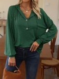 Women's Long Sleeve Hooded T-Shirt Casual Knit Hoodie With Button V-Neck Loose Fit Dark Green Polyester Viscose Blend Top For Women Daily Wear Comfort Soft Pullover