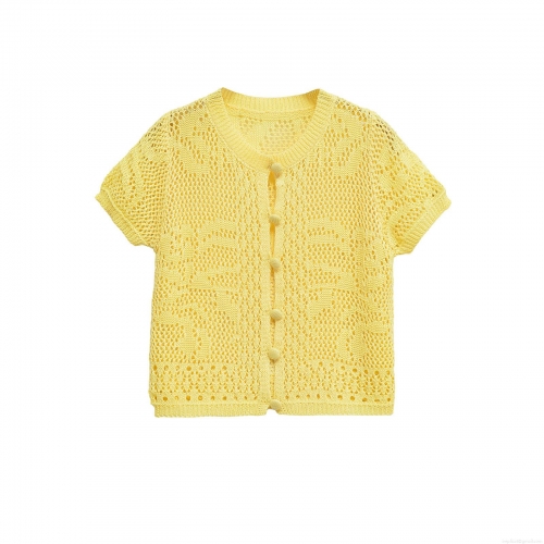 Women's Hollow Out Knit T-Shirt Short Sleeve Single Breasted Cardigan Top Casual Western Style Crochet Mesh Summer Streetwear Blouse For Women