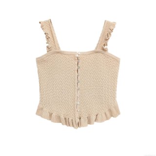 Western Style Women's Knitted Camisole With Ruffle Straps Single-Breasted Elegant Apricot Sleeveless Crochet Tank Top For Spring Summer Casual Wear