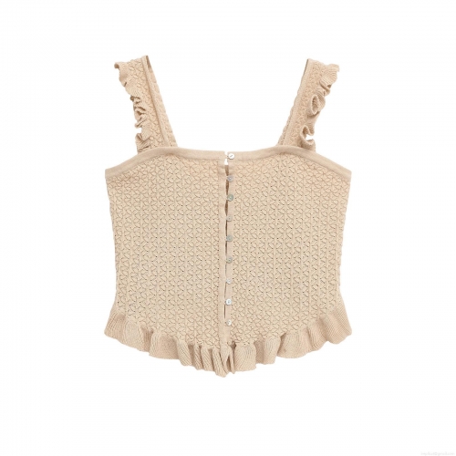 Western Style Women's Knitted Camisole With Ruffle Straps Single-Breasted Elegant Apricot Sleeveless Crochet Tank Top For Spring Summer Casual Wear