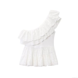 Women's One Shoulder Embroidery Eyelet T-Shirt Top Sexy Ruffle Asymmetric Sleeveless Lace Polyester Shirt Summer Beach Party Streetwear Blouse