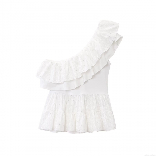 Women's One Shoulder Embroidery Eyelet T-Shirt Top Sexy Ruffle Asymmetric Sleeveless Lace Polyester Shirt Summer Beach Party Streetwear Blouse