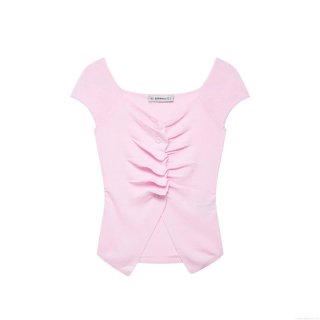 Women's Ruched Knit T-Shirt Short Sleeve Button Front Top Slim Fit Solid Color Ribbed Polyester Streetwear Casual Summer Clothing For Women